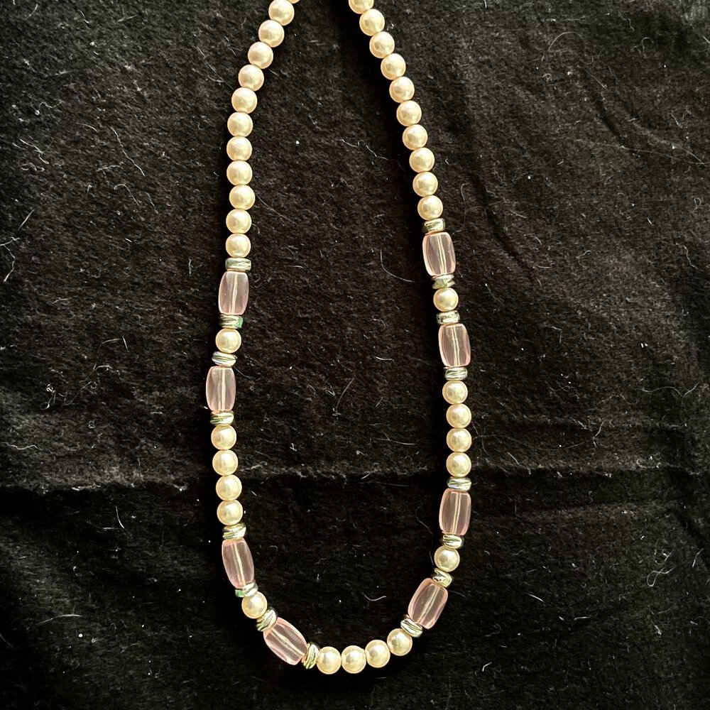 Vintage Estate Faux Pearl, Pink ‘Crystal’ and Silver-Tone Accent Necklace 24”